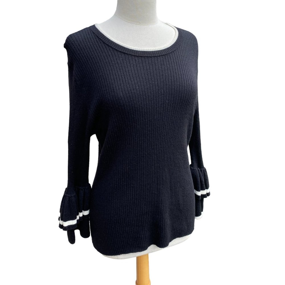 Frame Wool Blend Rib-Knit Ruffle Bell Sleeve Neutral Black Whimsigoth Sweater-XL